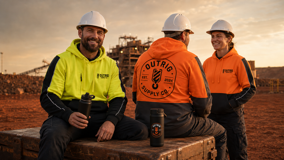 Outrig Supply Co crew wearing branded hi-vis workwear at an Australian mining site