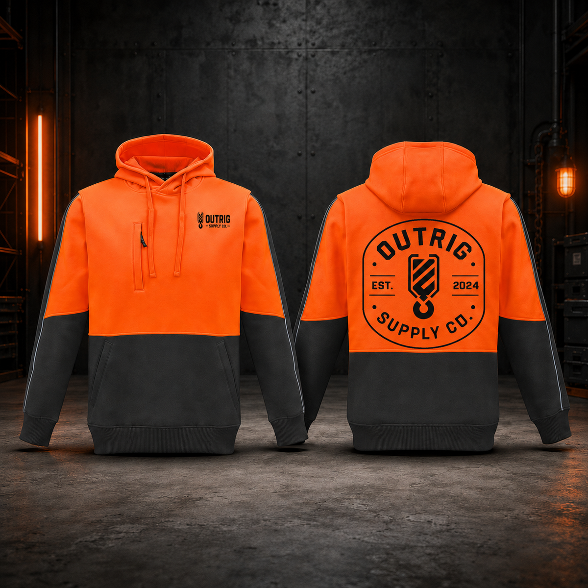 Front and back views of Outrig Supply Co orange and charcoal industrial crew gear.