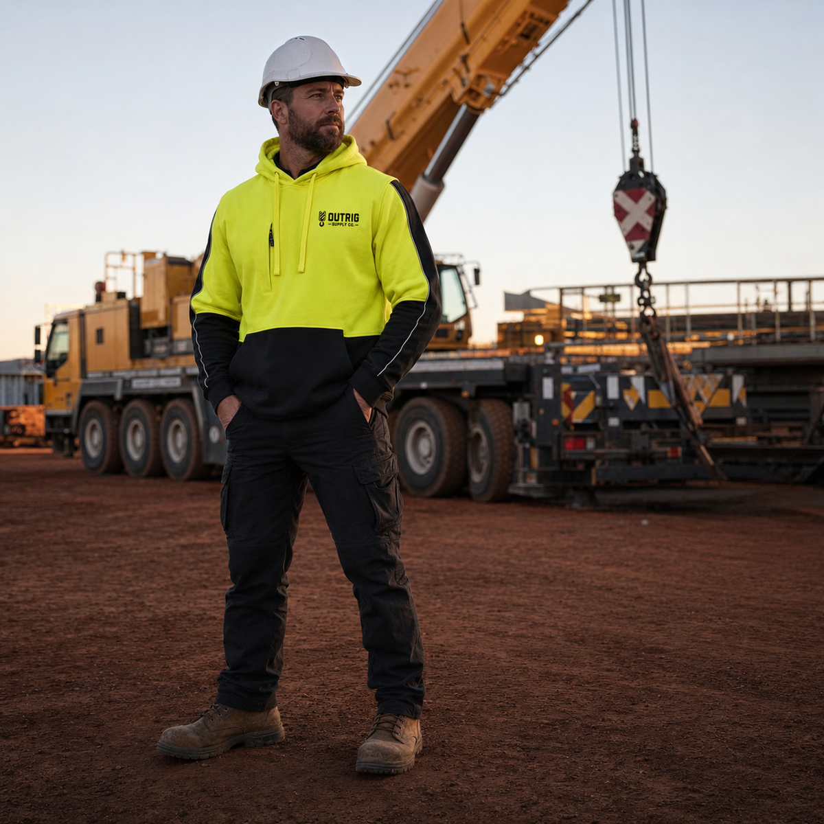 Outrig Supply Co crew gear photographed in an Australian crane yard.
