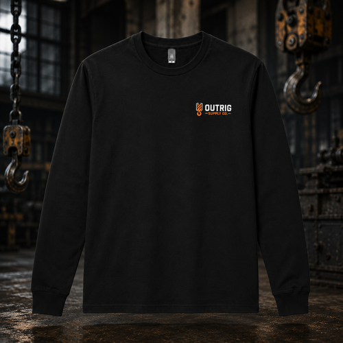 Front product view of the black Outrig Crew Long-Sleeve Tee.