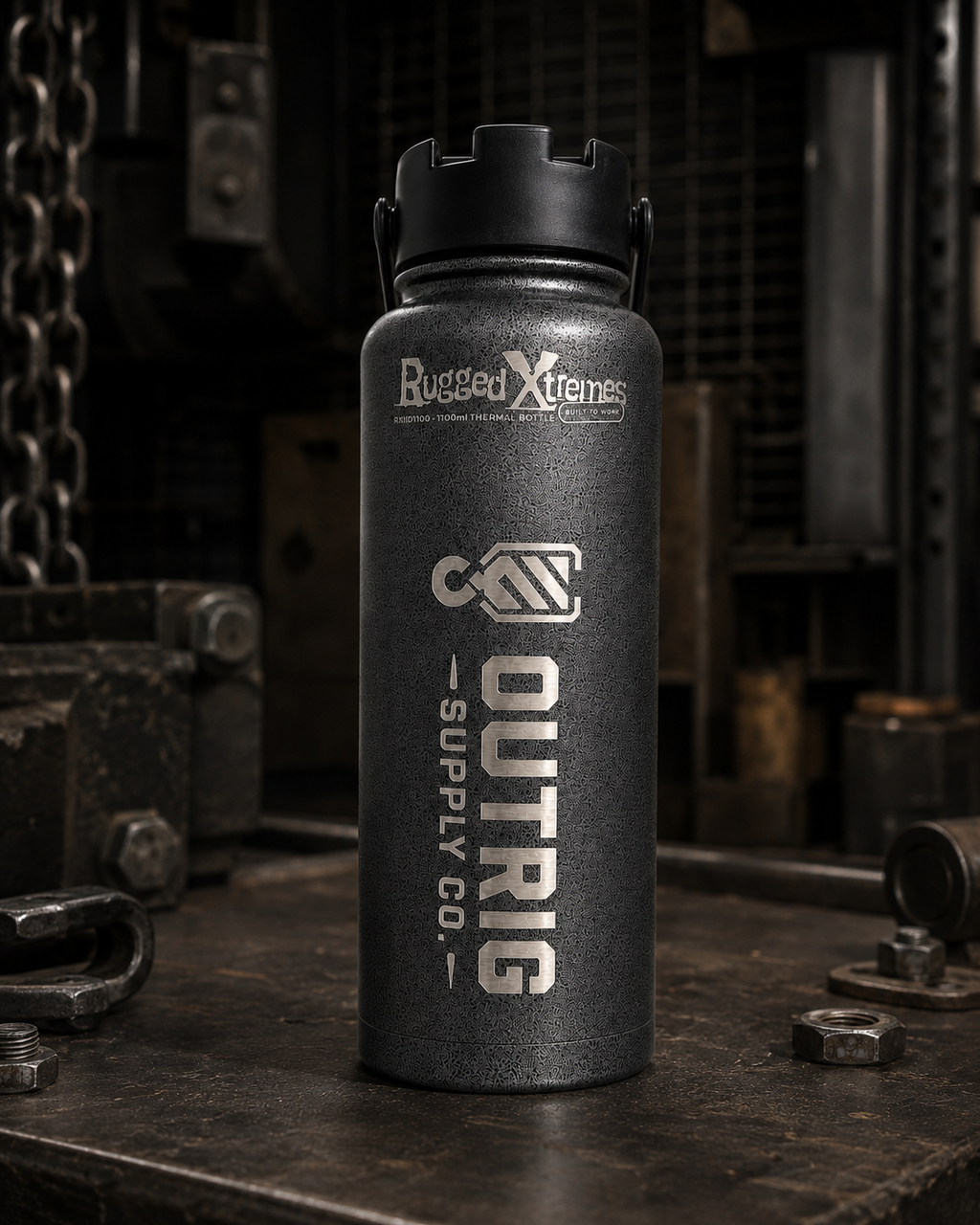 Outrig Supply Co branded Rugged Xtremes 1100ml thermal bottle in an industrial setting.
