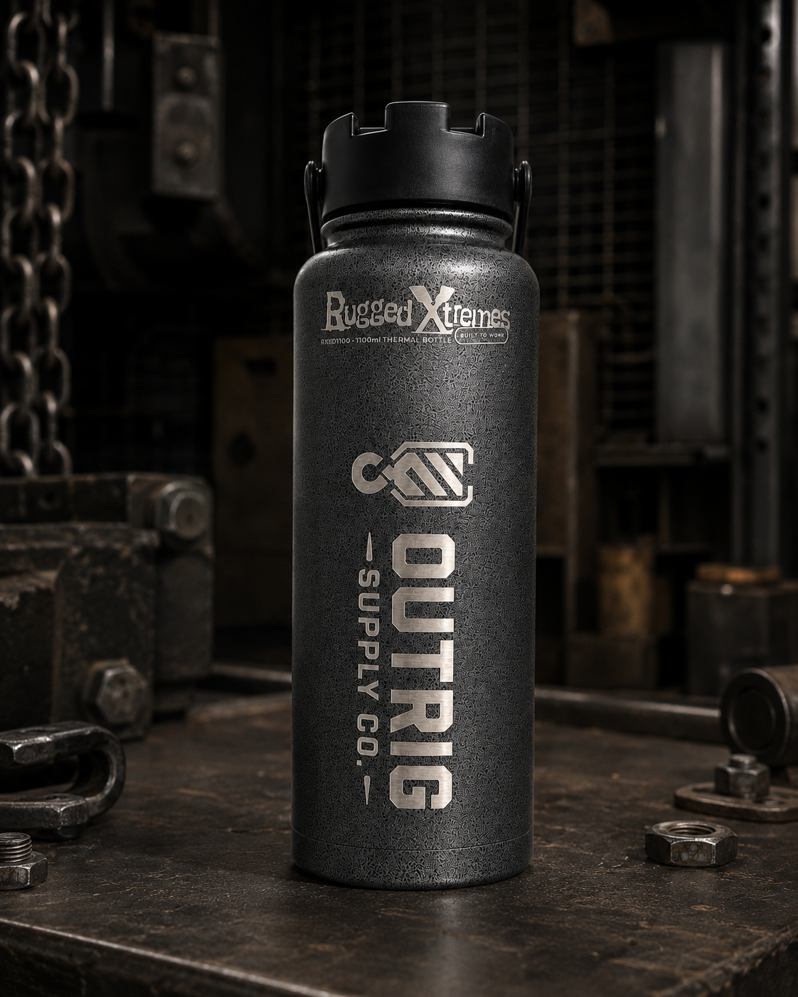 Outrig Supply Co branded Rugged Xtremes 1100ml thermal bottle in an industrial setting.
