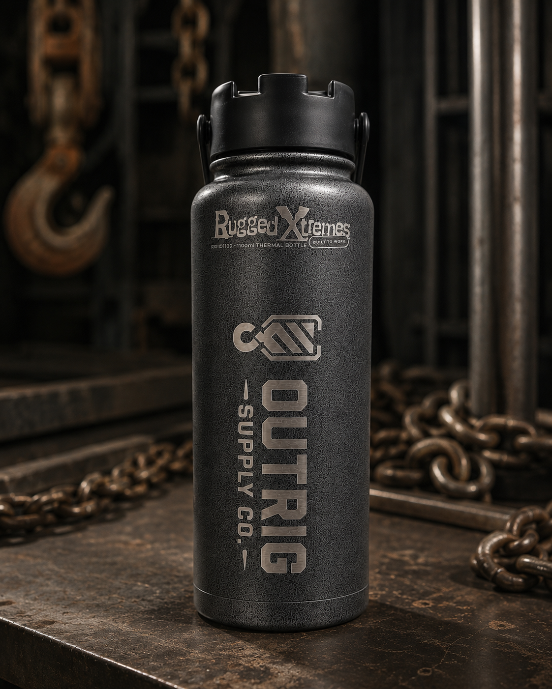 Rugged Xtremes 1100ml thermal bottle with Outrig Supply Co branding on a workbench.