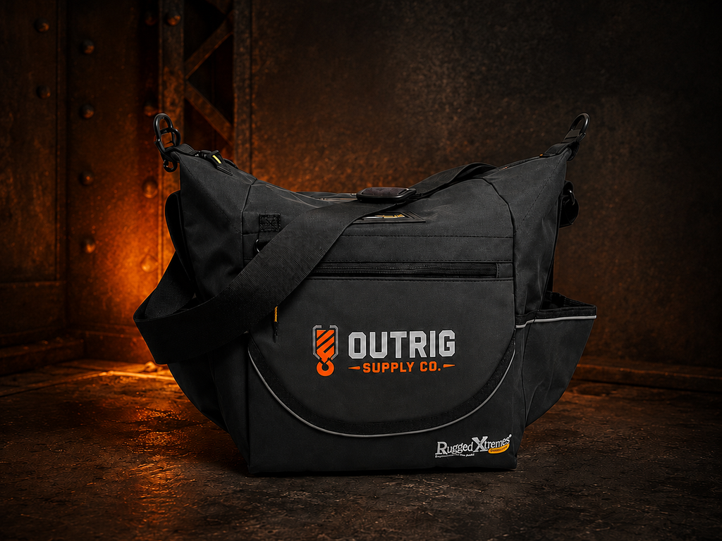Outrig Supply Co branded Rugged Xtremes 15L crib bag in an industrial setting.