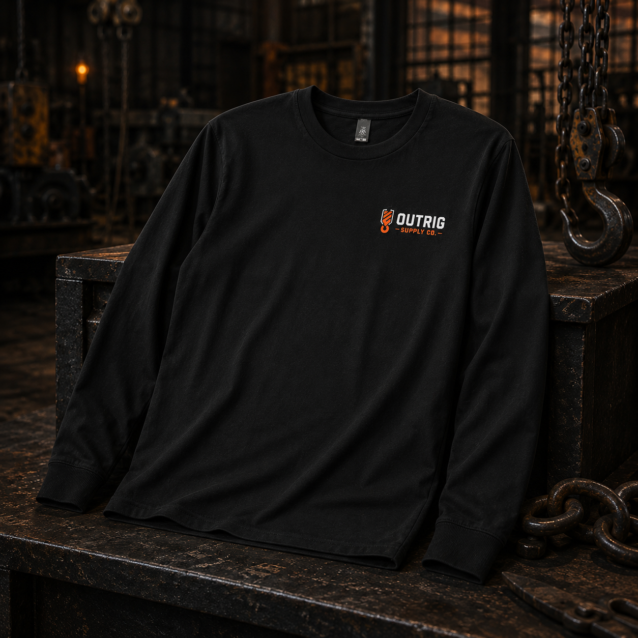 Front detail of the black Outrig Crew Long-Sleeve Tee in an industrial setting.