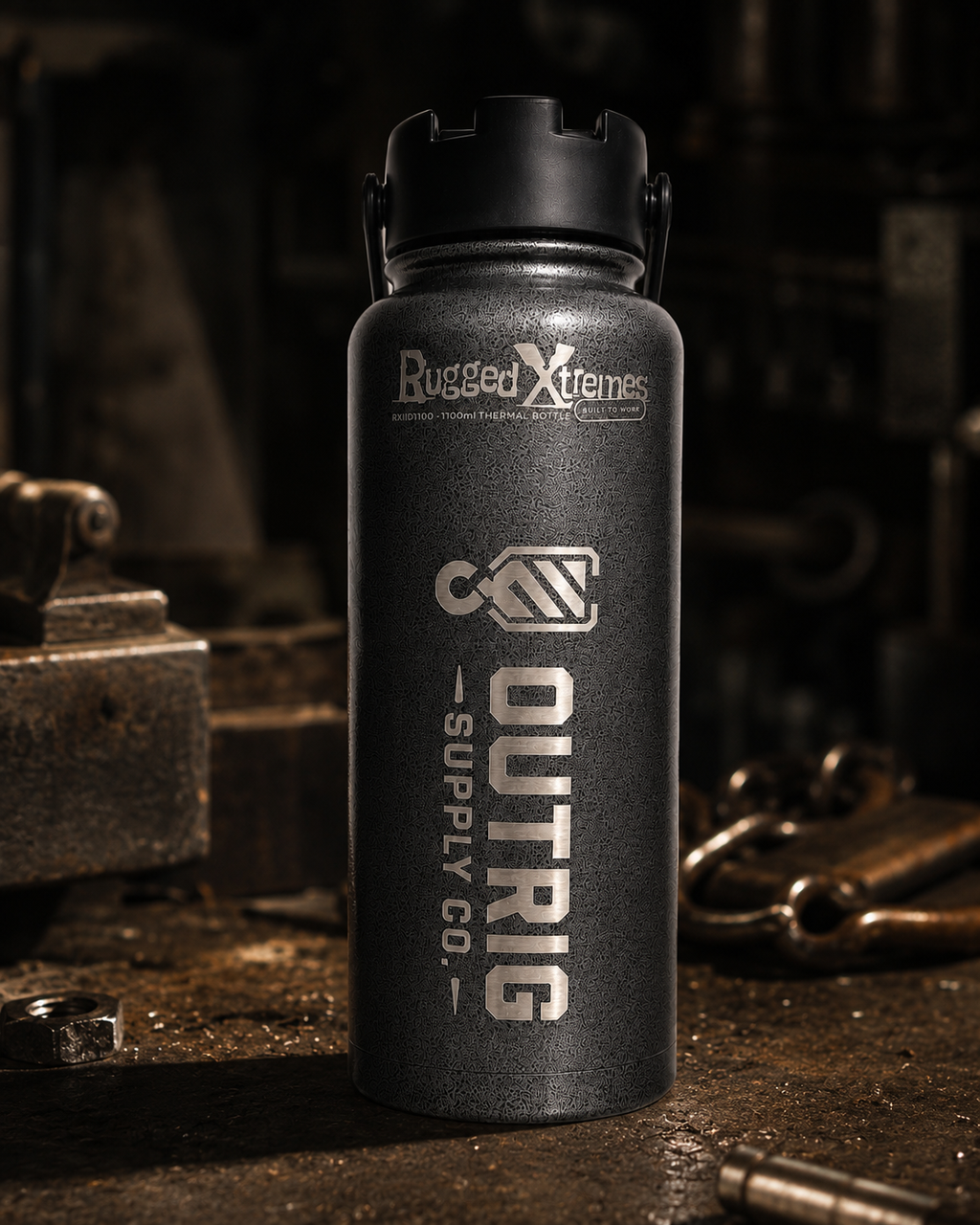 Outrig Supply Co branded Rugged Xtremes 1100ml thermal bottle at a dark worksite.