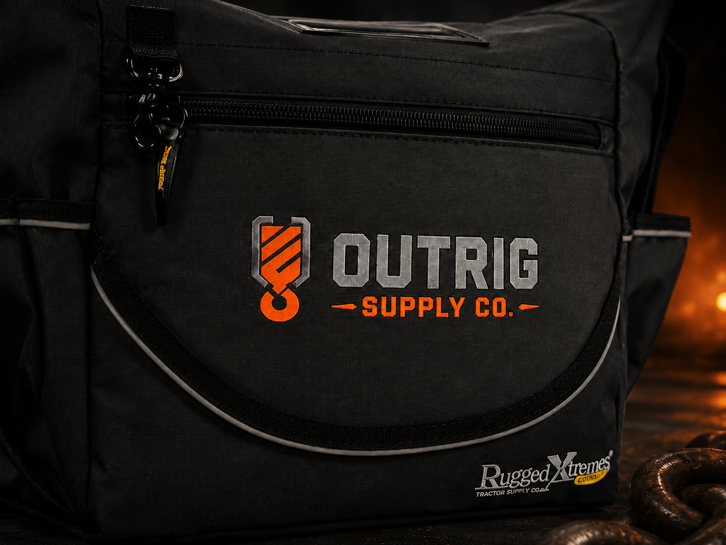 Rugged Xtremes 15L crib bag with Outrig Supply Co branding on a workbench.
