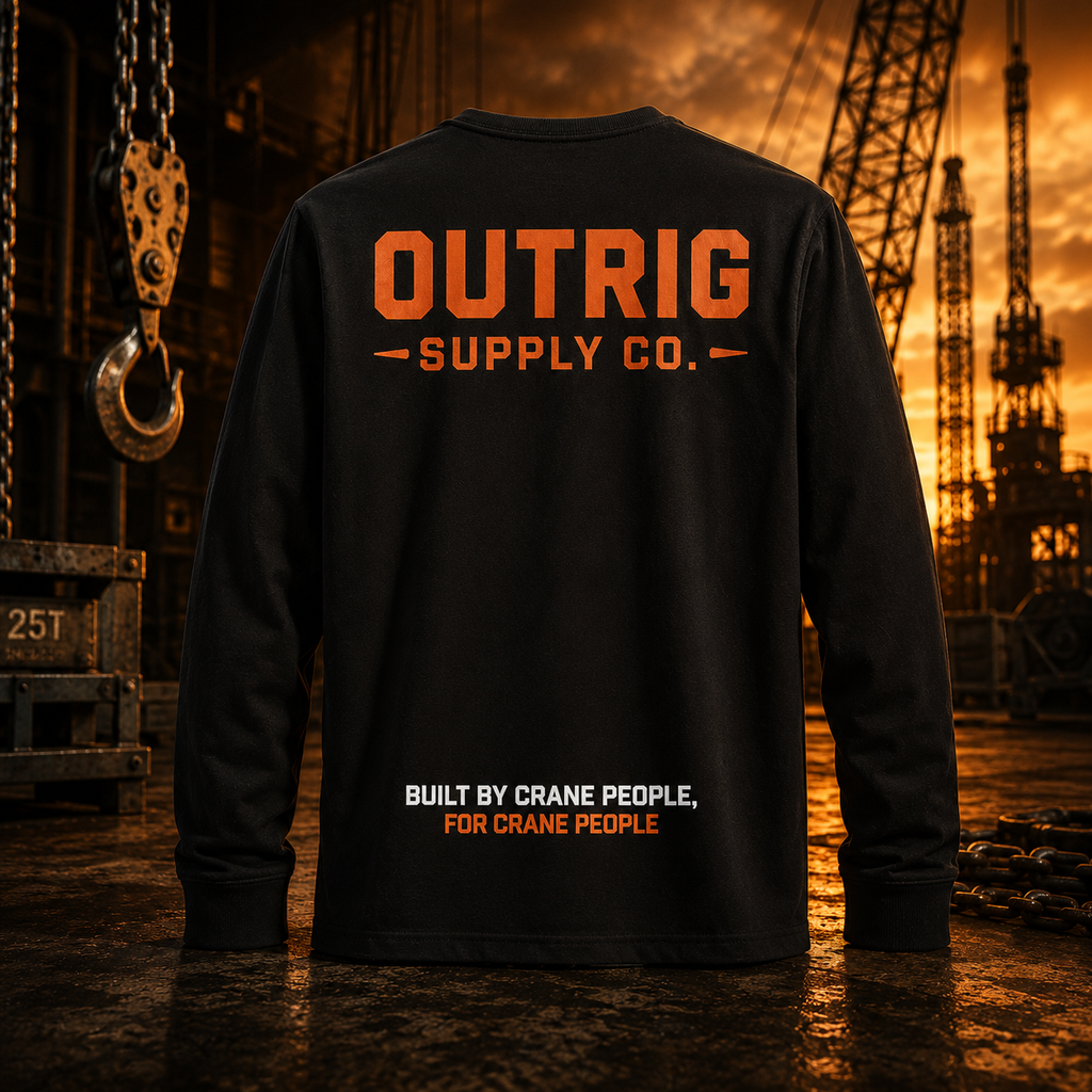Back view of the Outrig Crew Long-Sleeve Tee in a crane yard.
