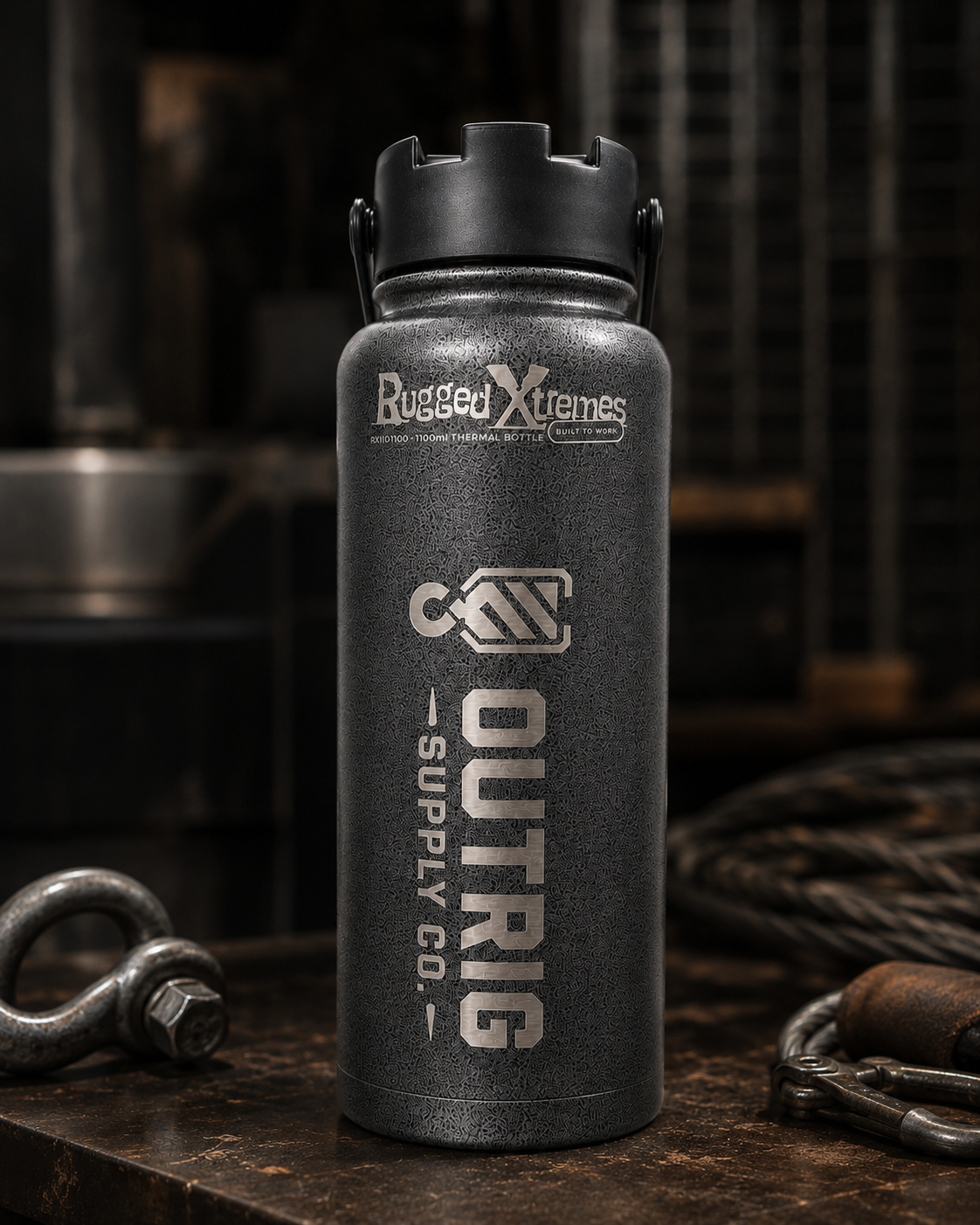 Front close-up of the Outrig Supply Co branded Rugged Xtremes 1100ml thermal bottle.