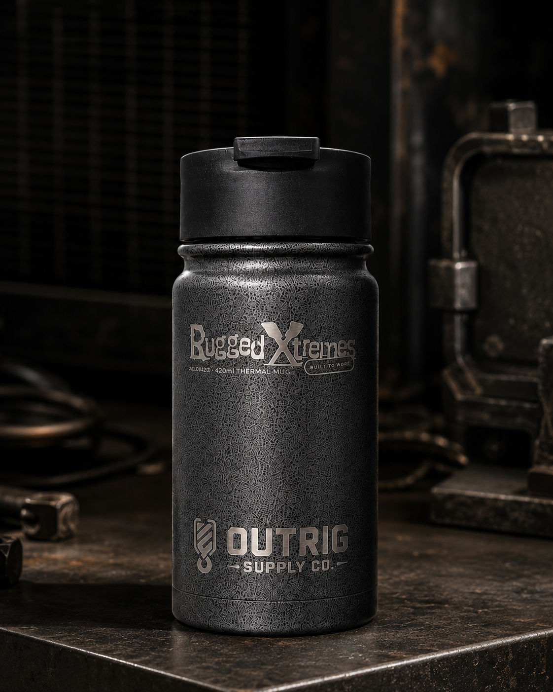Front view of the Outrig Supply Co branded Rugged Xtremes 420ml thermal mug.
