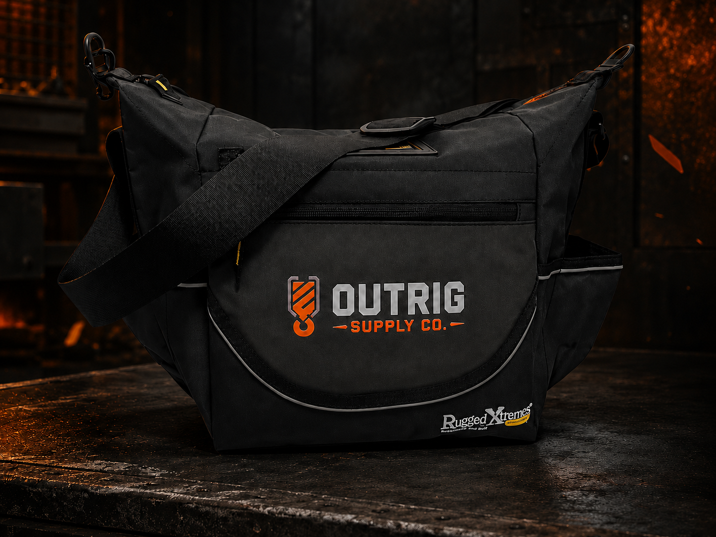 Close-up of the Outrig Supply Co logo on the Rugged Xtremes 15L crib bag.