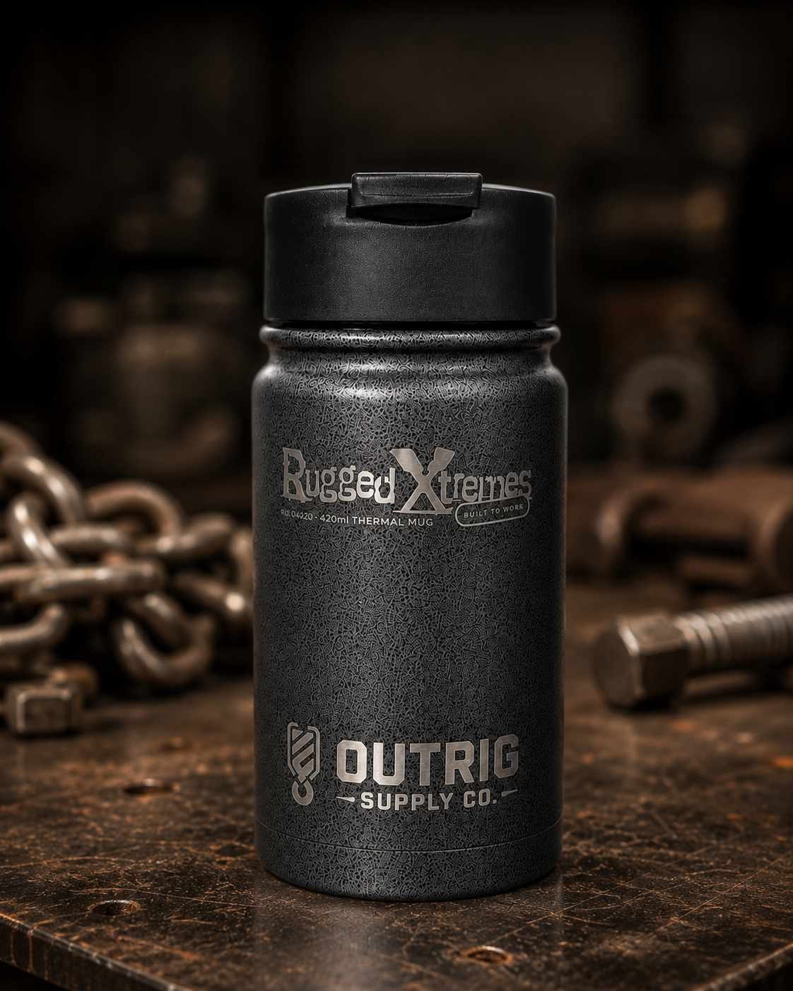 Rugged Xtremes 420ml thermal mug with Outrig Supply Co branding in an industrial setting.