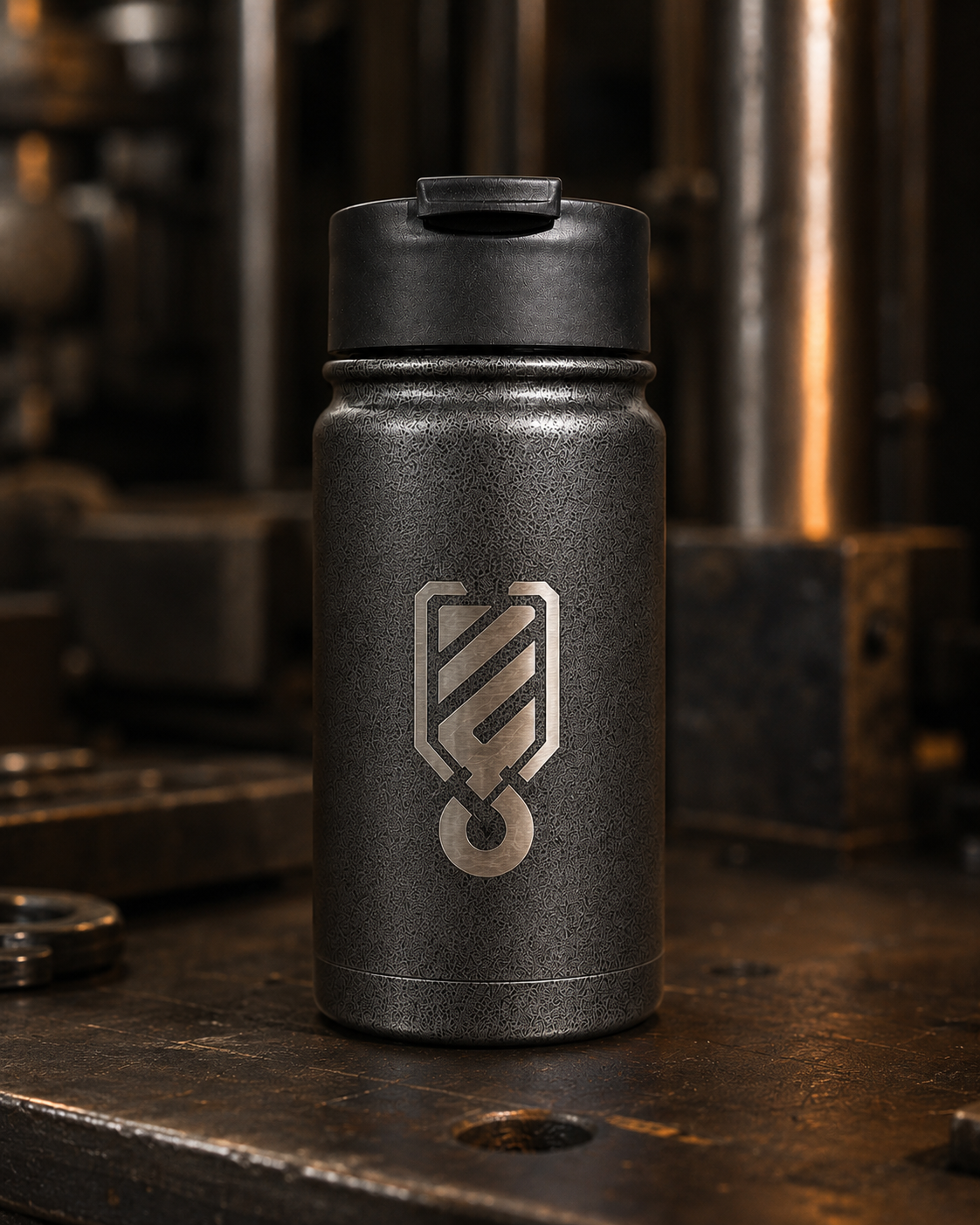 Outrig Supply Co hook logo on the Rugged Xtremes 420ml thermal mug.