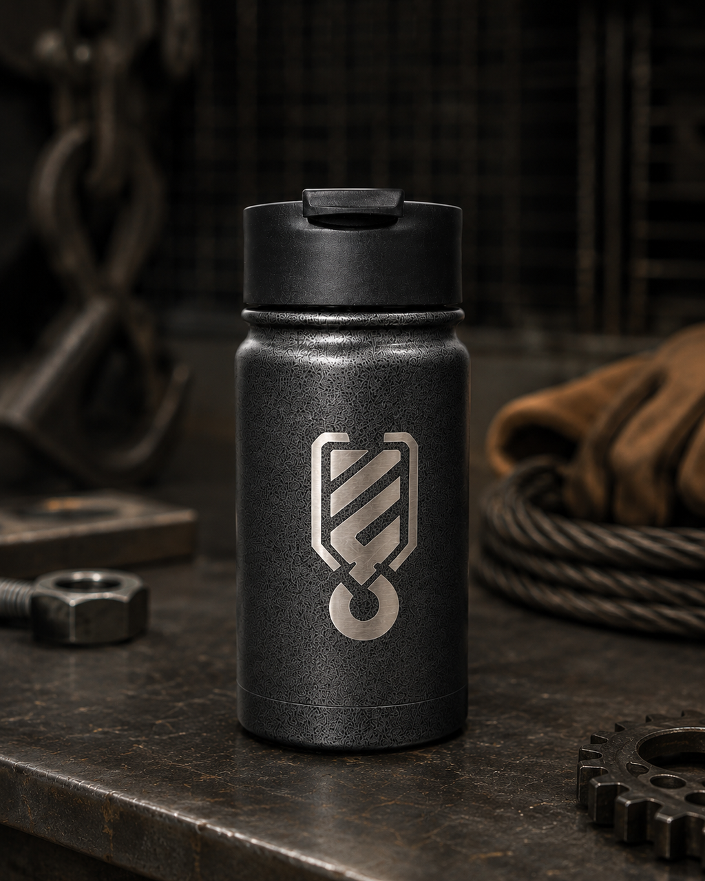 Hook-logo side of the Outrig Supply Co branded Rugged Xtremes 420ml thermal mug.