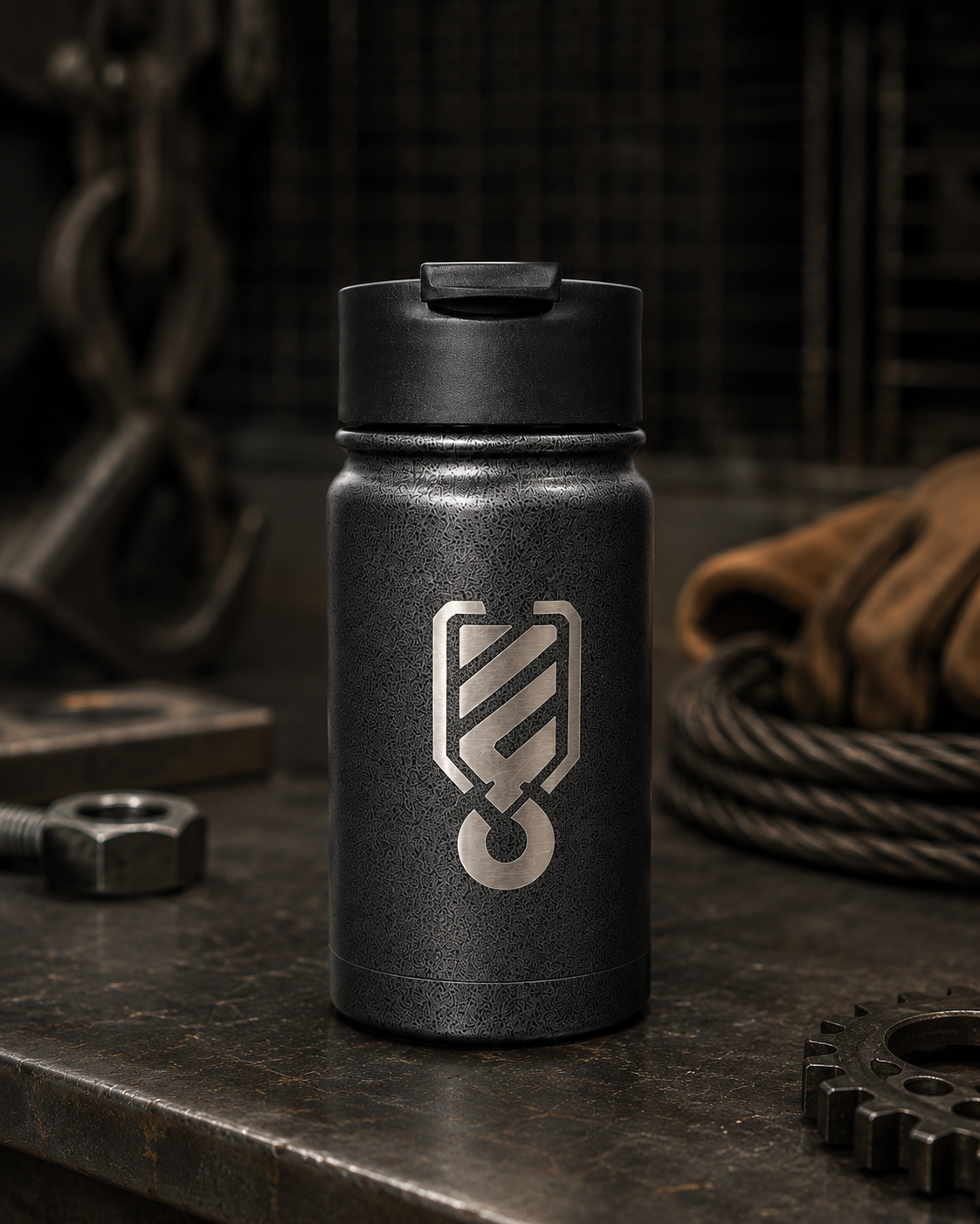 Hook-logo side of the Outrig Supply Co branded Rugged Xtremes 420ml thermal mug.