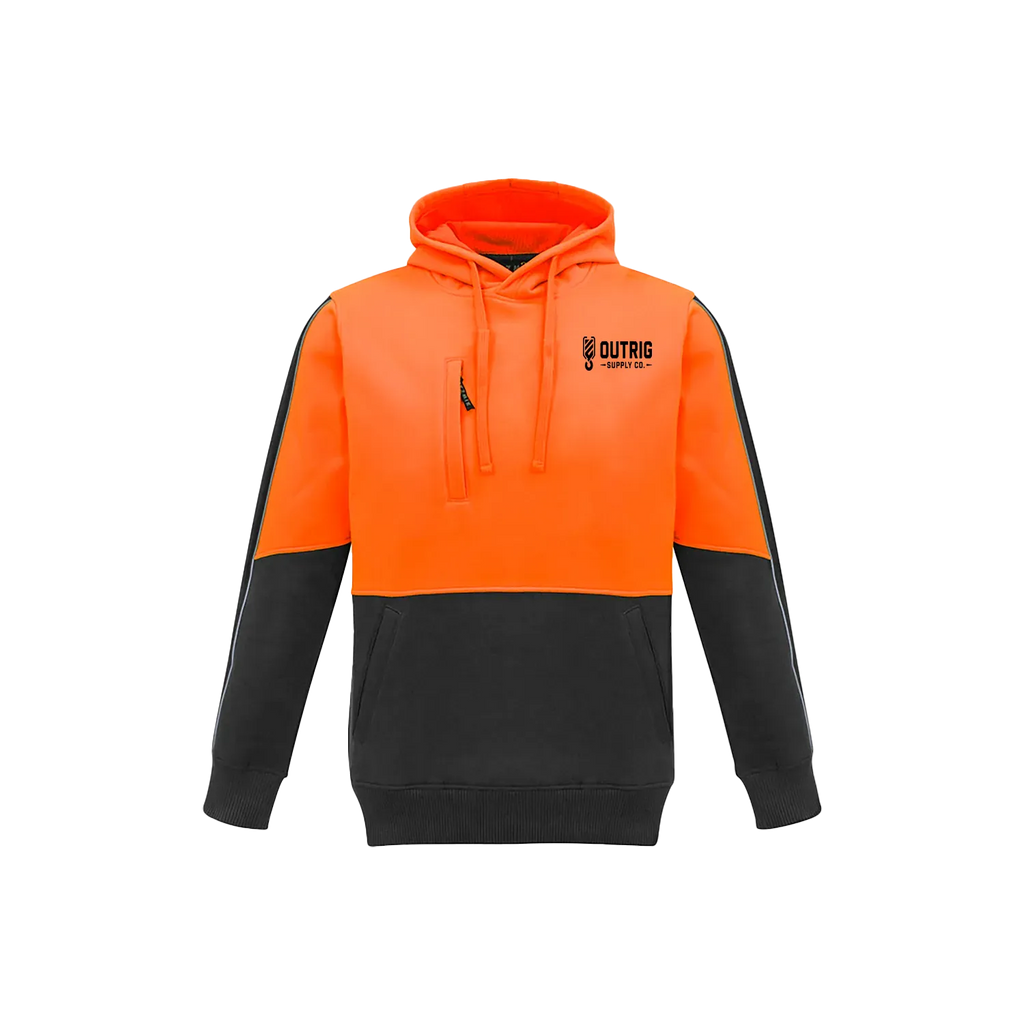 Outrig Supply Co orange and charcoal hi vis work hoodie – front view