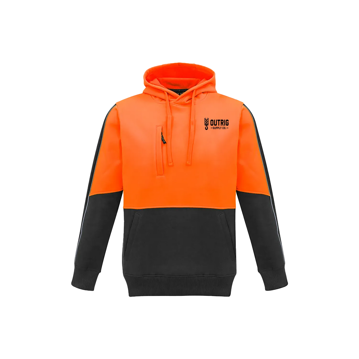 Outrig Supply Co orange and charcoal hi vis work hoodie – front view