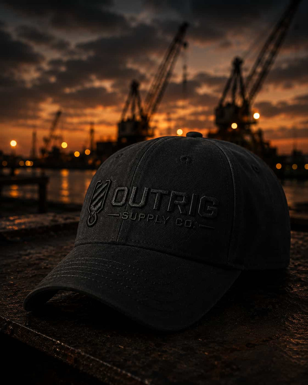 A dark charcoal baseball cap with 'OUTRIG SUPPLY CO.' embroidered on the front, resting on a wet dock with a blurred industrial harbor and cranes at sunset in the background.