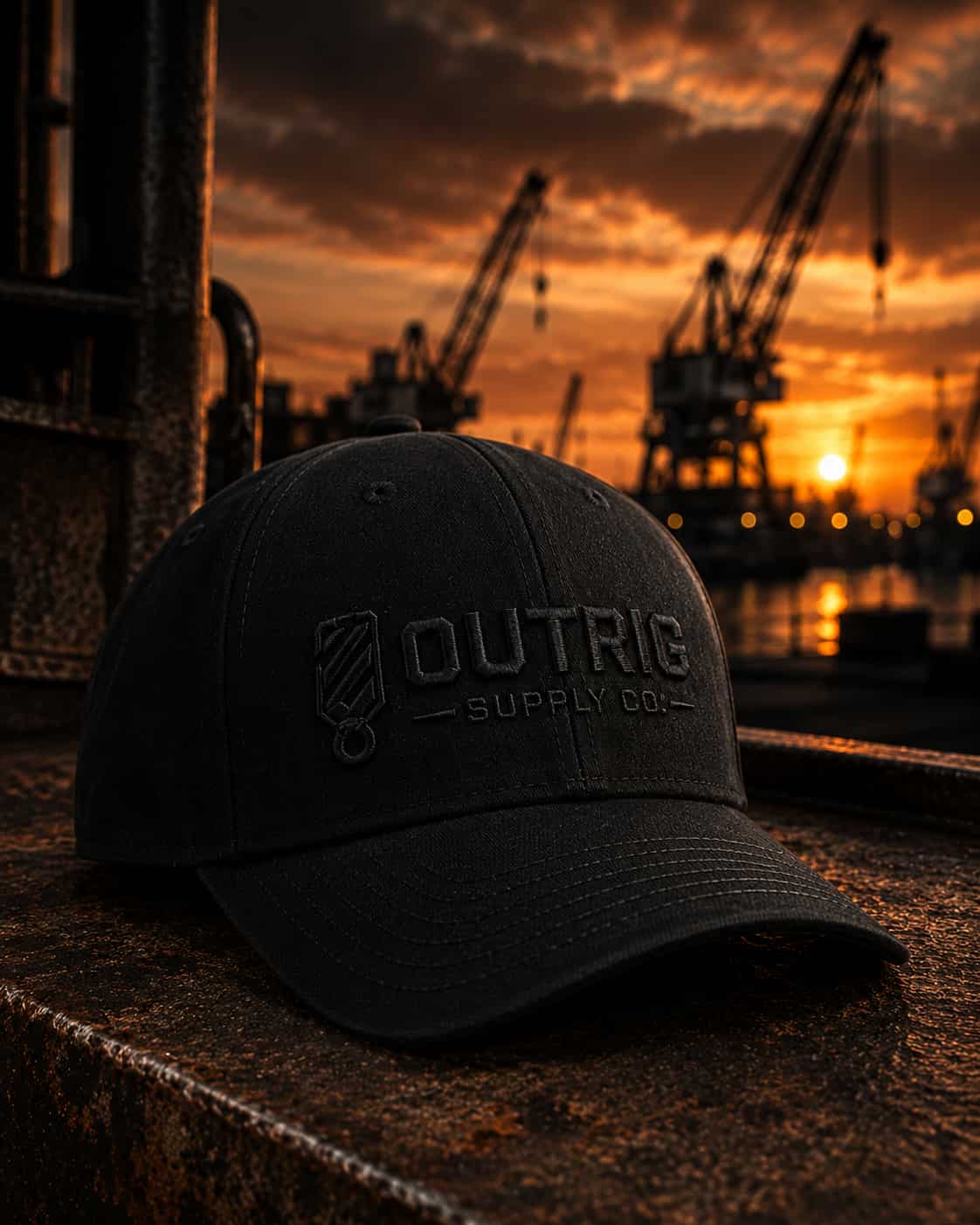A black baseball cap with an embossed logo reading 'OUTRIG SUPPLY CO.' resting on a rusty metal ledge, with a port harbor and cranes visible in the background at sunset.