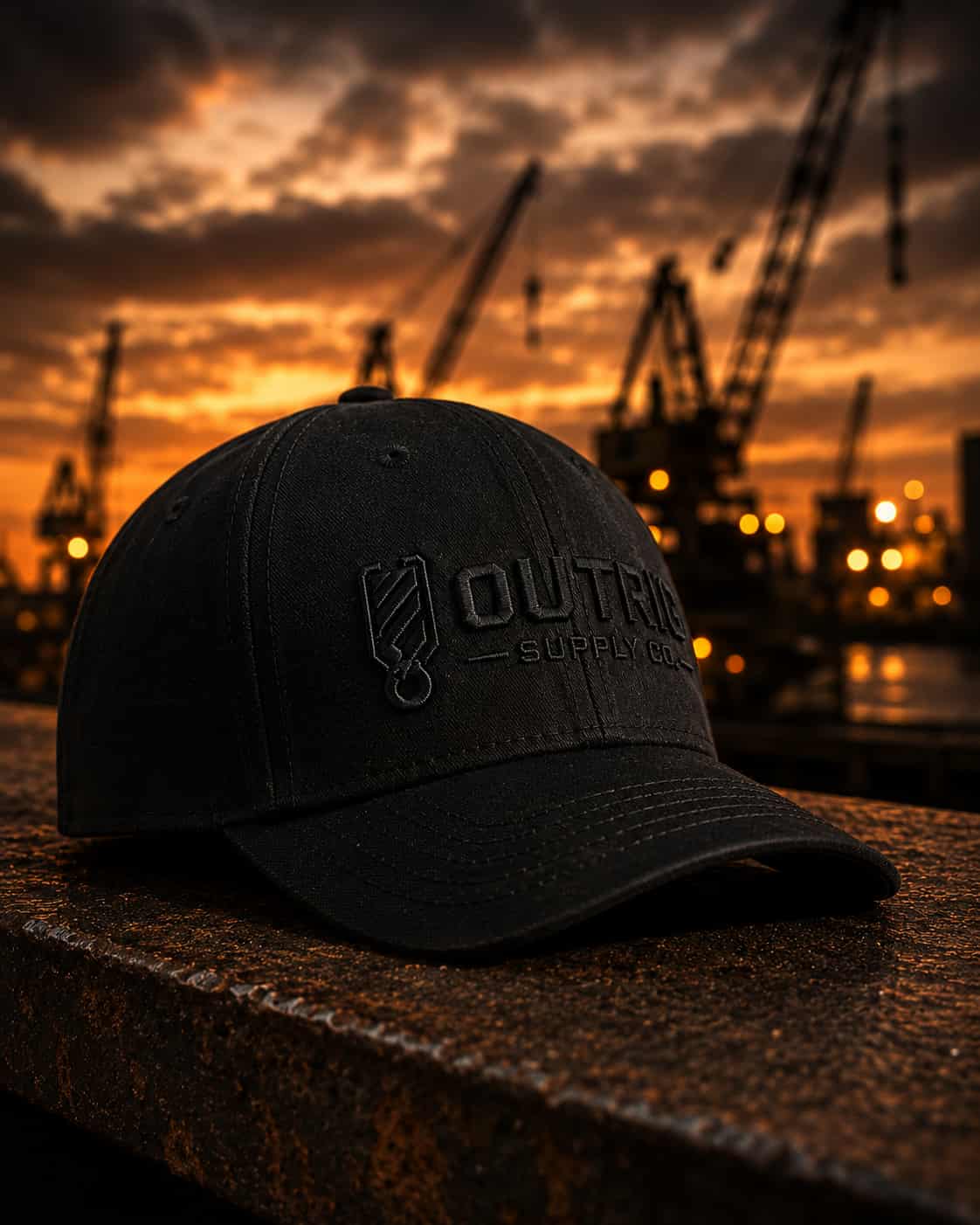 Black cap with 'Outrigger Supply Co.' logo against a sunset industrial background