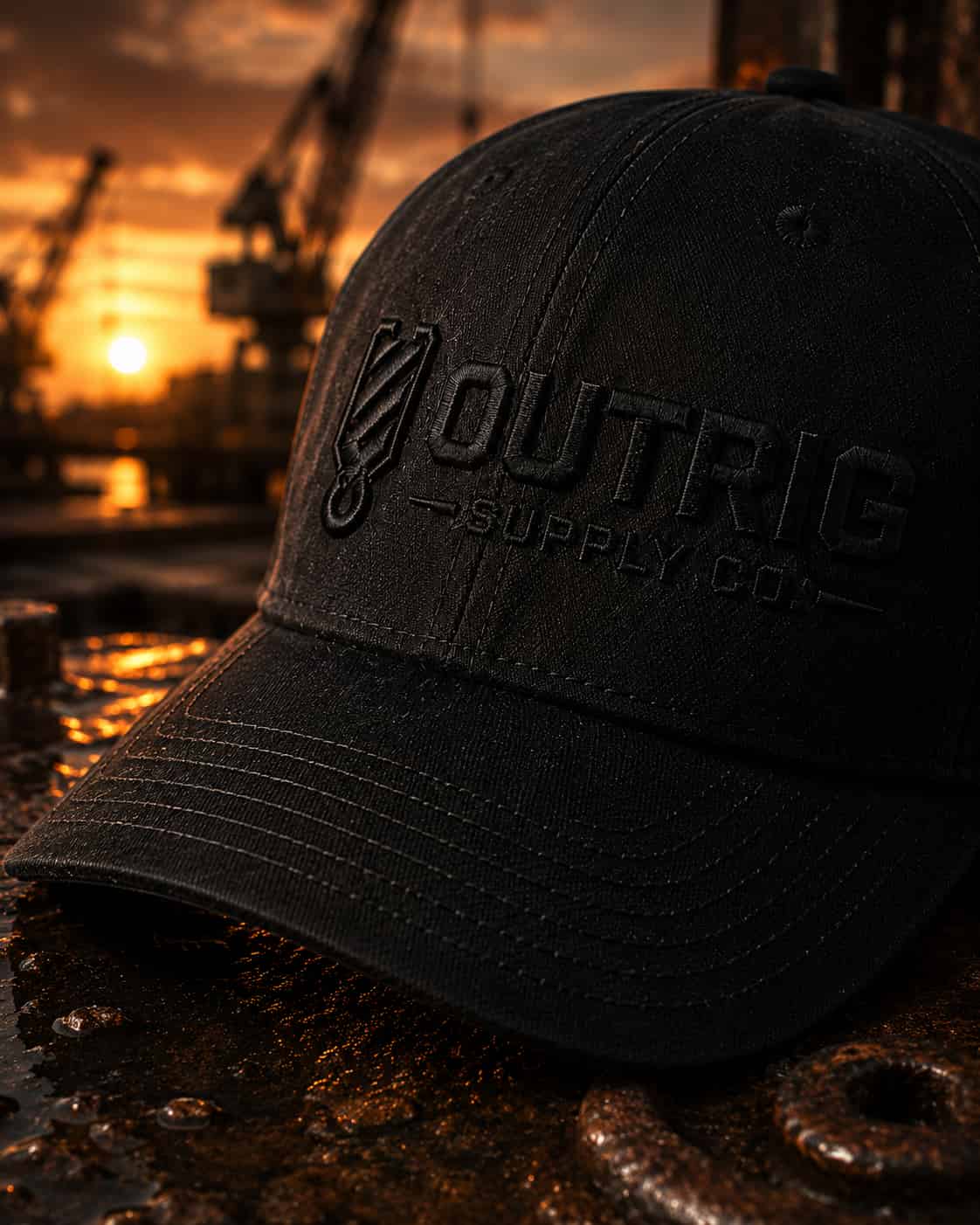 Black cap with 'Outrig Supply Co.' logo on a rusty metal surface with a sunset background.