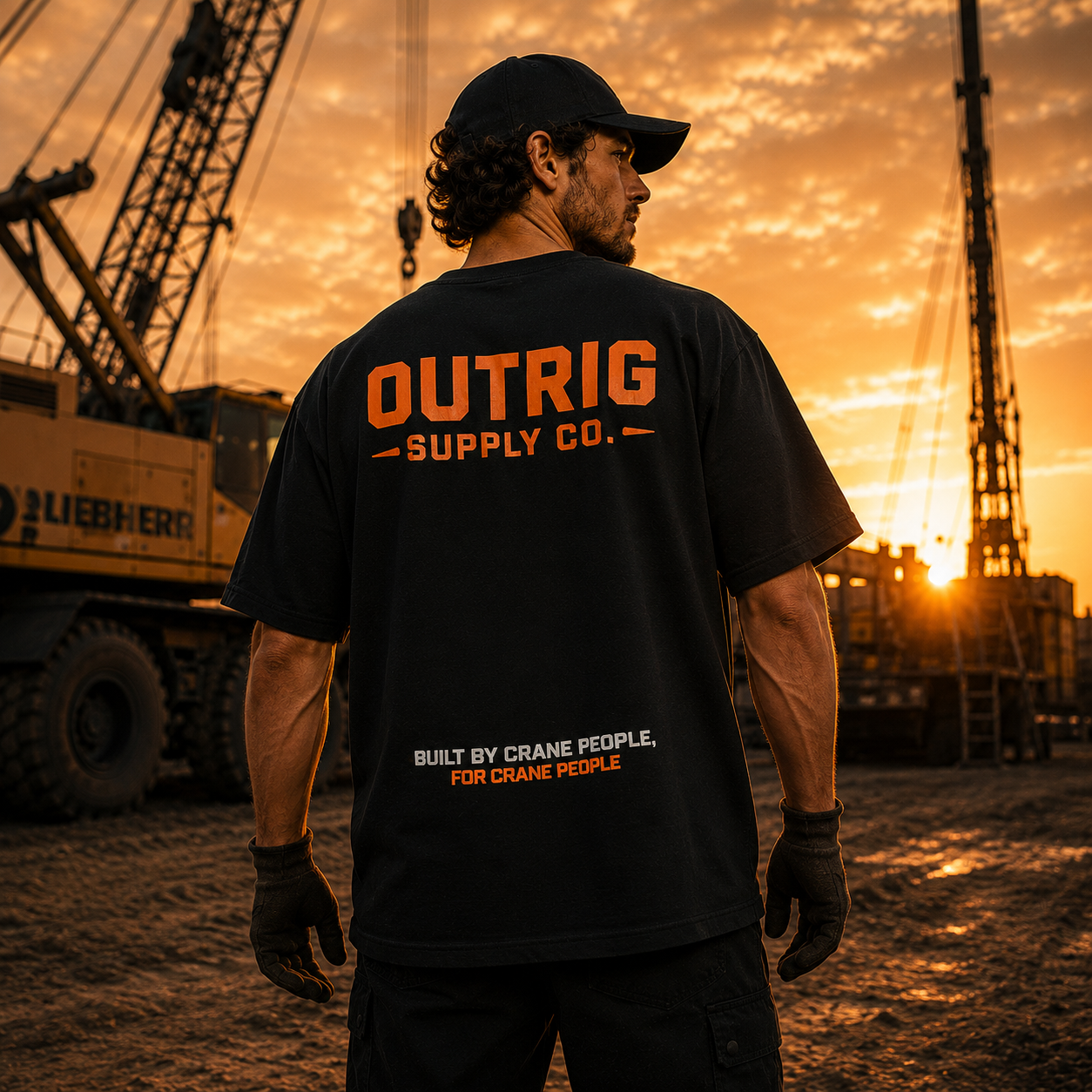 Person wearing an 'Outrig Supply Co.' t-shirt in a construction setting with cranes and sunset.