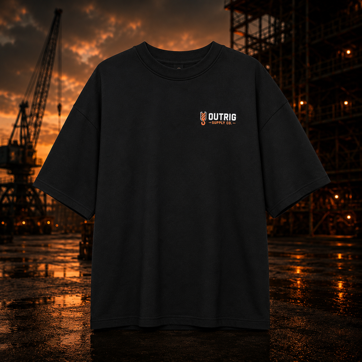 Black t-shirt with a logo on a construction site background