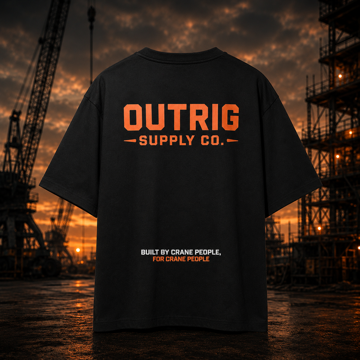 Black t-shirt with 'OUTRIG SUPPLY CO.' text against a construction site backdrop