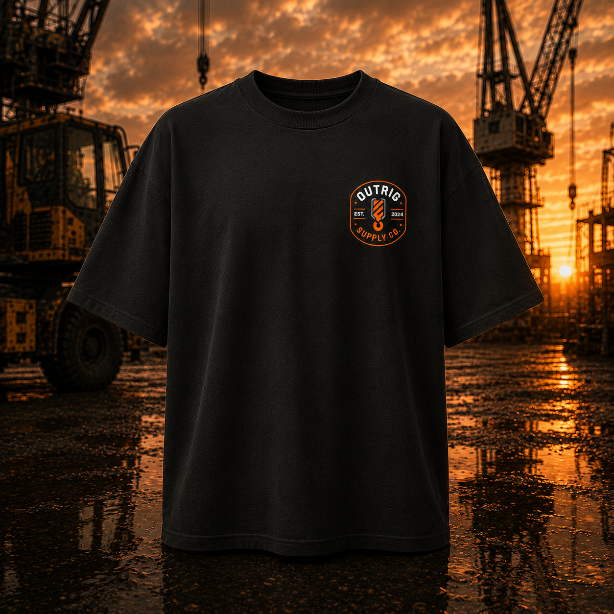Black t-shirt with a logo on a construction site at sunset