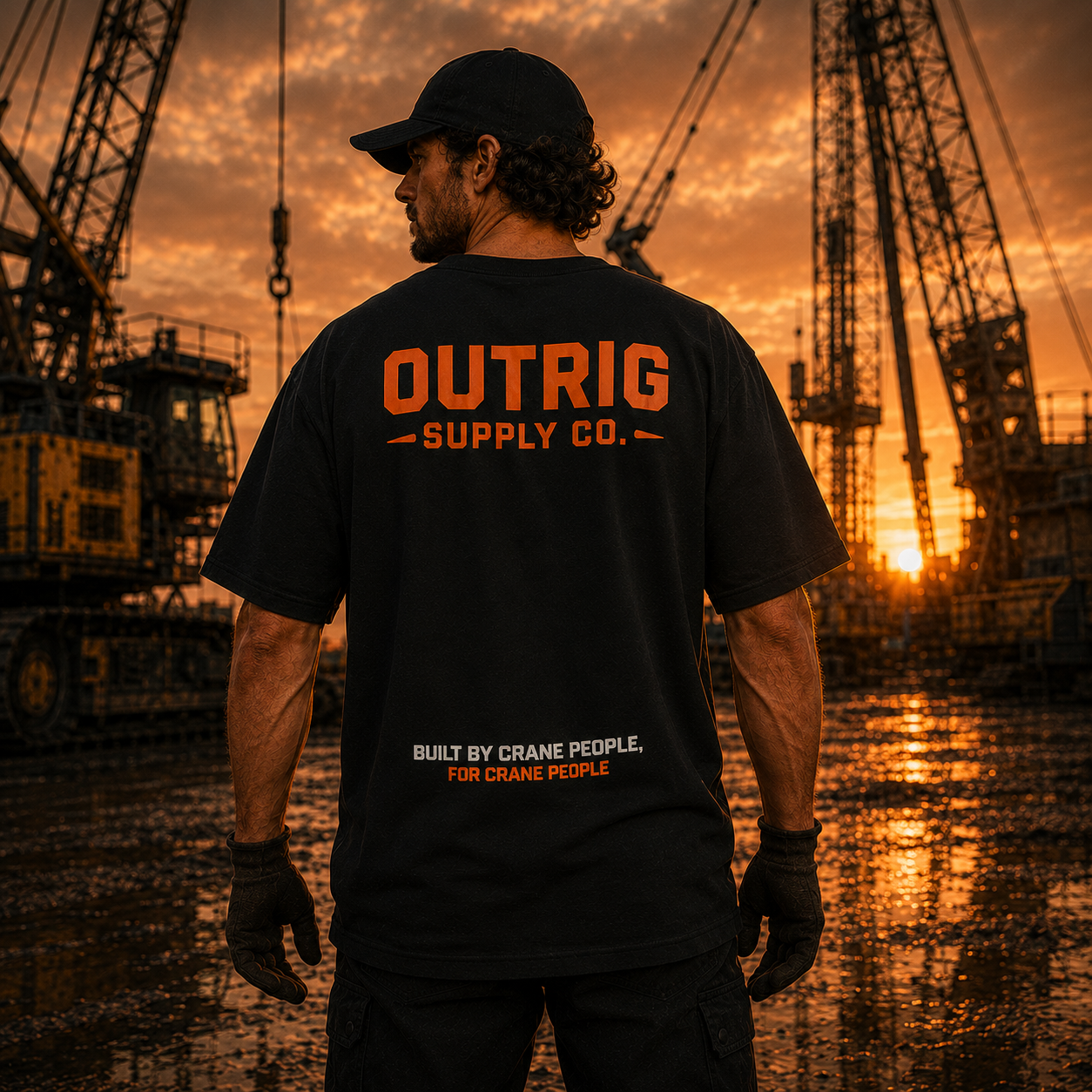 Man wearing a black t-shirt with 'Outrig Supply Co.' text at sunset with cranes in the background