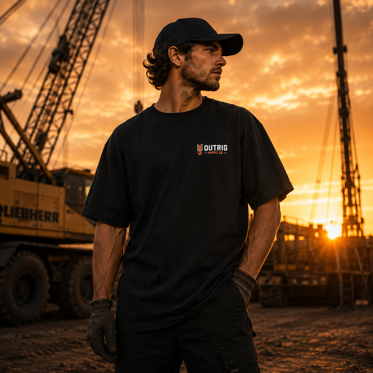Man wearing a black t-shirt with a logo, standing in front of construction equipment at sunset.