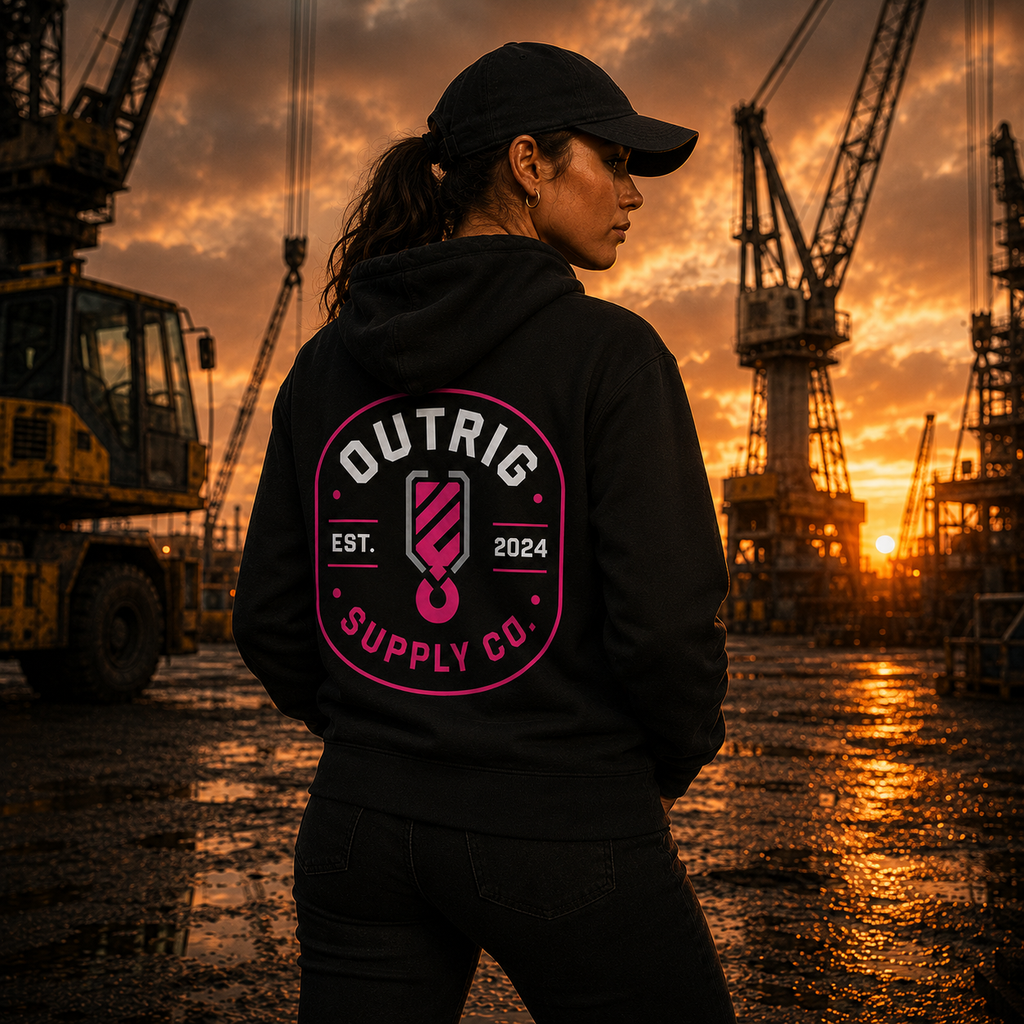 women wearing a black hoodie with 'Outrig Supply Co' logo at sunset on a construction site