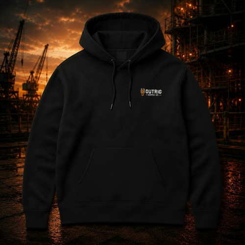 Front product view of the black Outrig Supply Co Crew Hoodie.