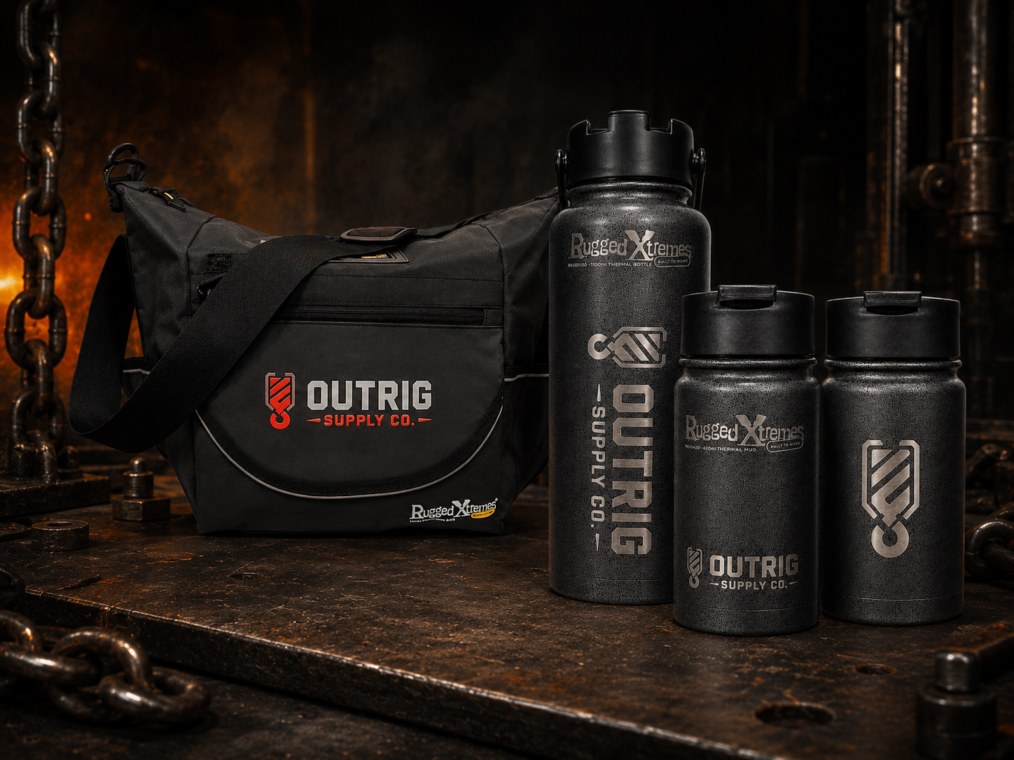 Rugged Xtremes Crew Kit with Outrig Supply Co branded crib bag, thermal mug and 1100ml bottle.