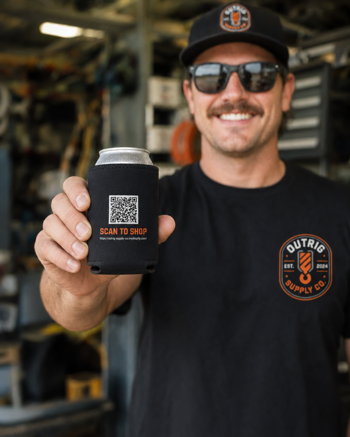 Man in an Outrig cap and T-shirt holding a black stubby cooler showing a QR code in a workshop.
