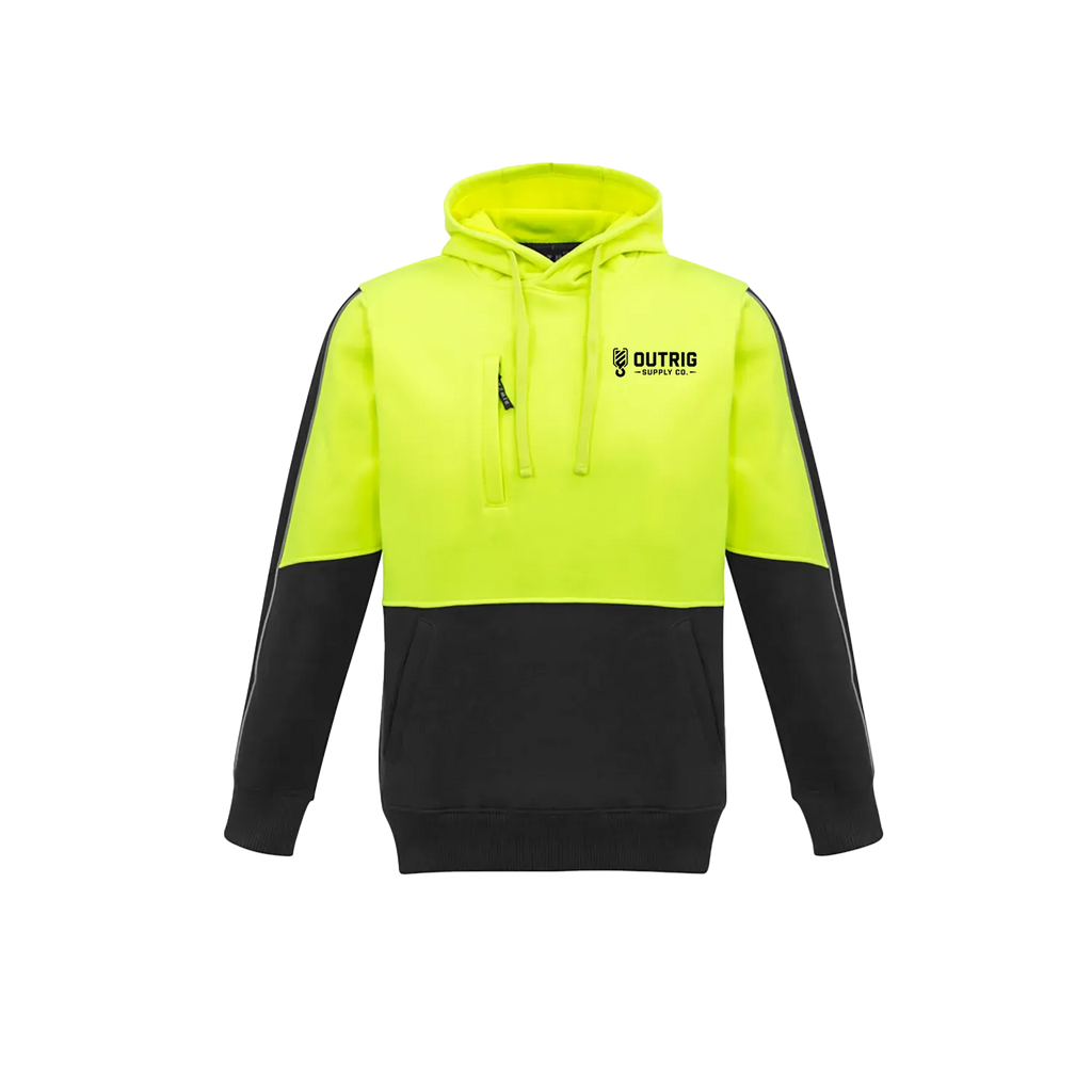 Outrig Supply Co yellow and black hi vis work hoodie – front view