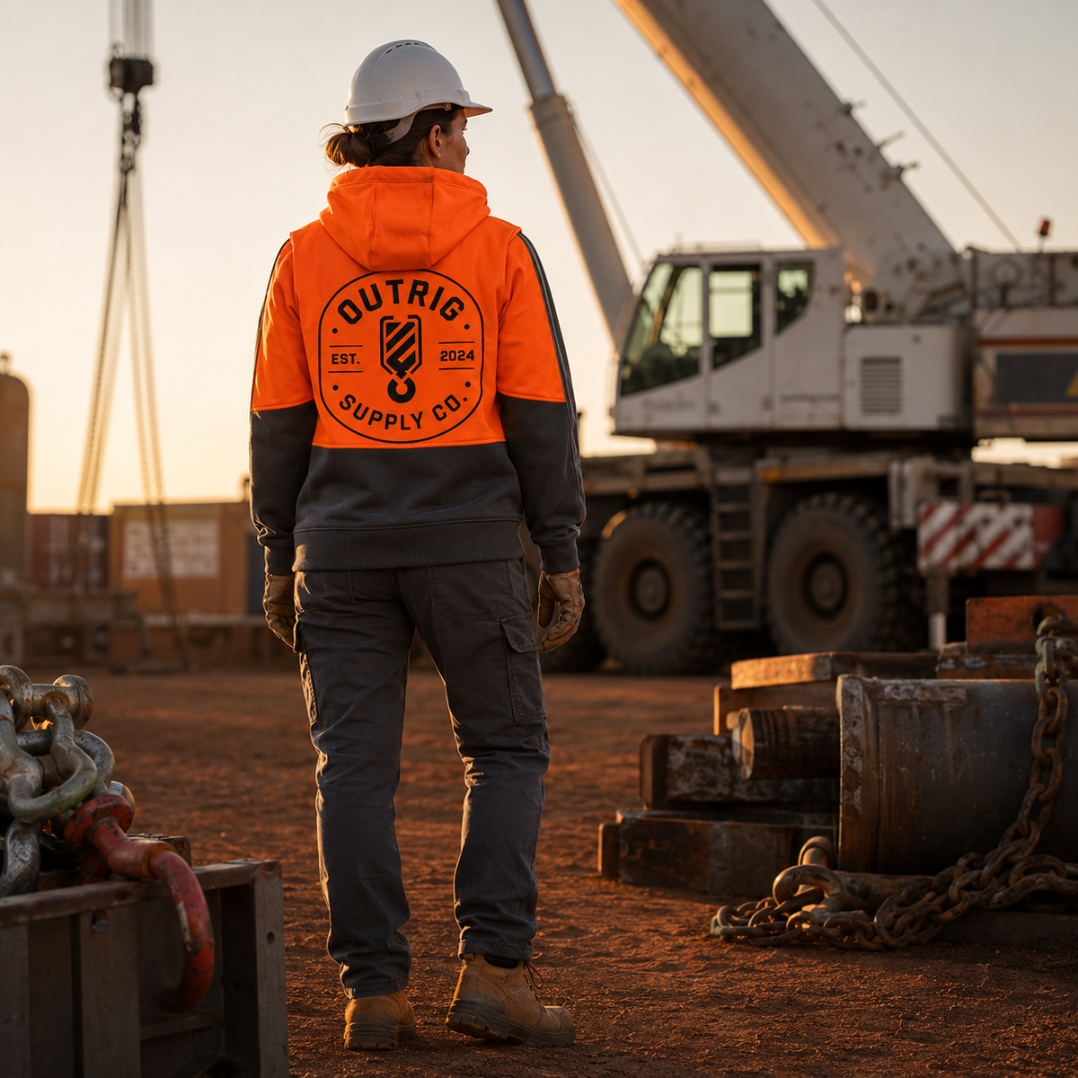 Rigger wearing the Outrig Supply Co orange and charcoal hi vis hoodie showing the back logo