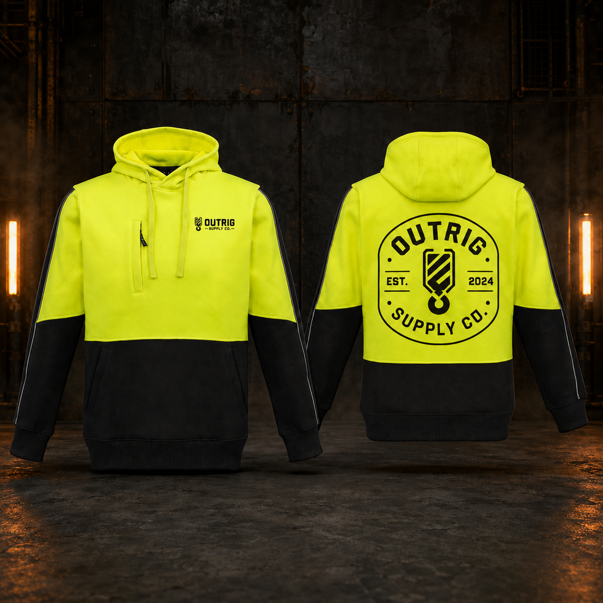 Front and back views of the Outrig Supply Co yellow and black hi vis hoodie with chest and back logos