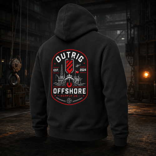 Angled back view of the black Outrig Offshore Crew Hoodie showing the red white and grey offshore artwork