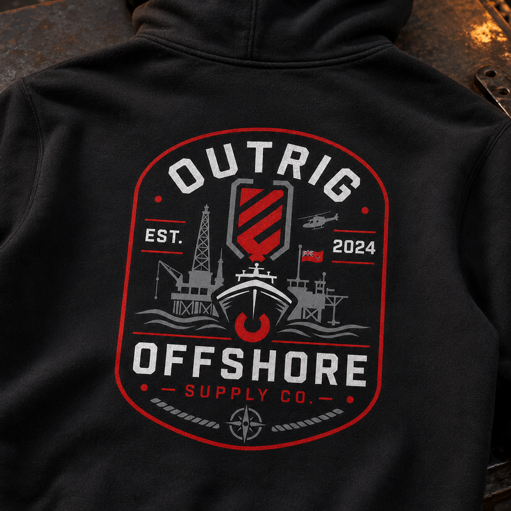 Close-up of the Outrig Offshore Crew Hoodie back print featuring a vessel offshore rig crane hook and red ensign