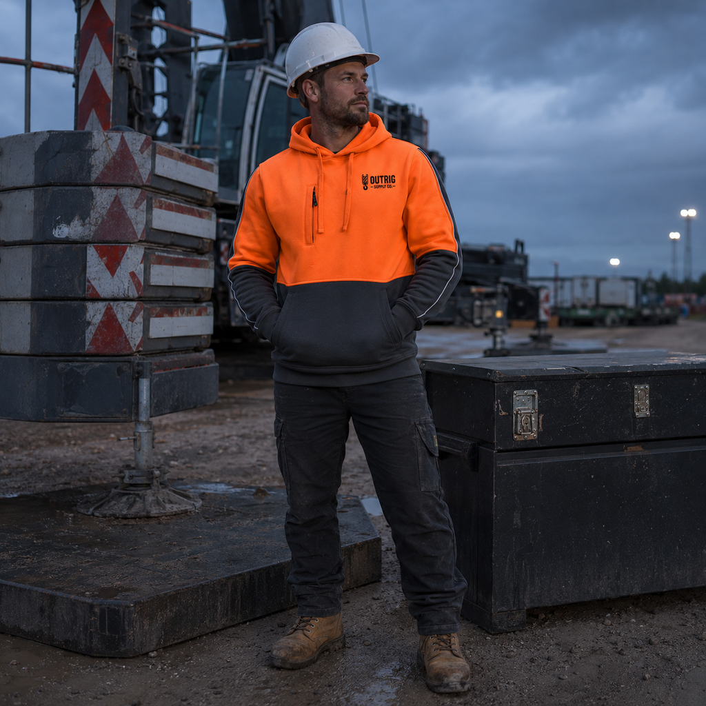 Crane worker wearing the Outrig Supply Co orange and charcoal hi vis hoodie in an industrial yard