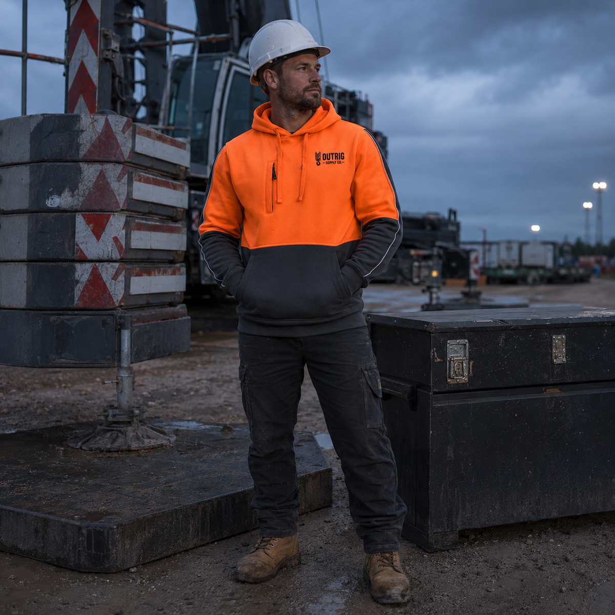 Crane worker wearing the Outrig Supply Co orange and charcoal hi vis hoodie in an industrial yard
