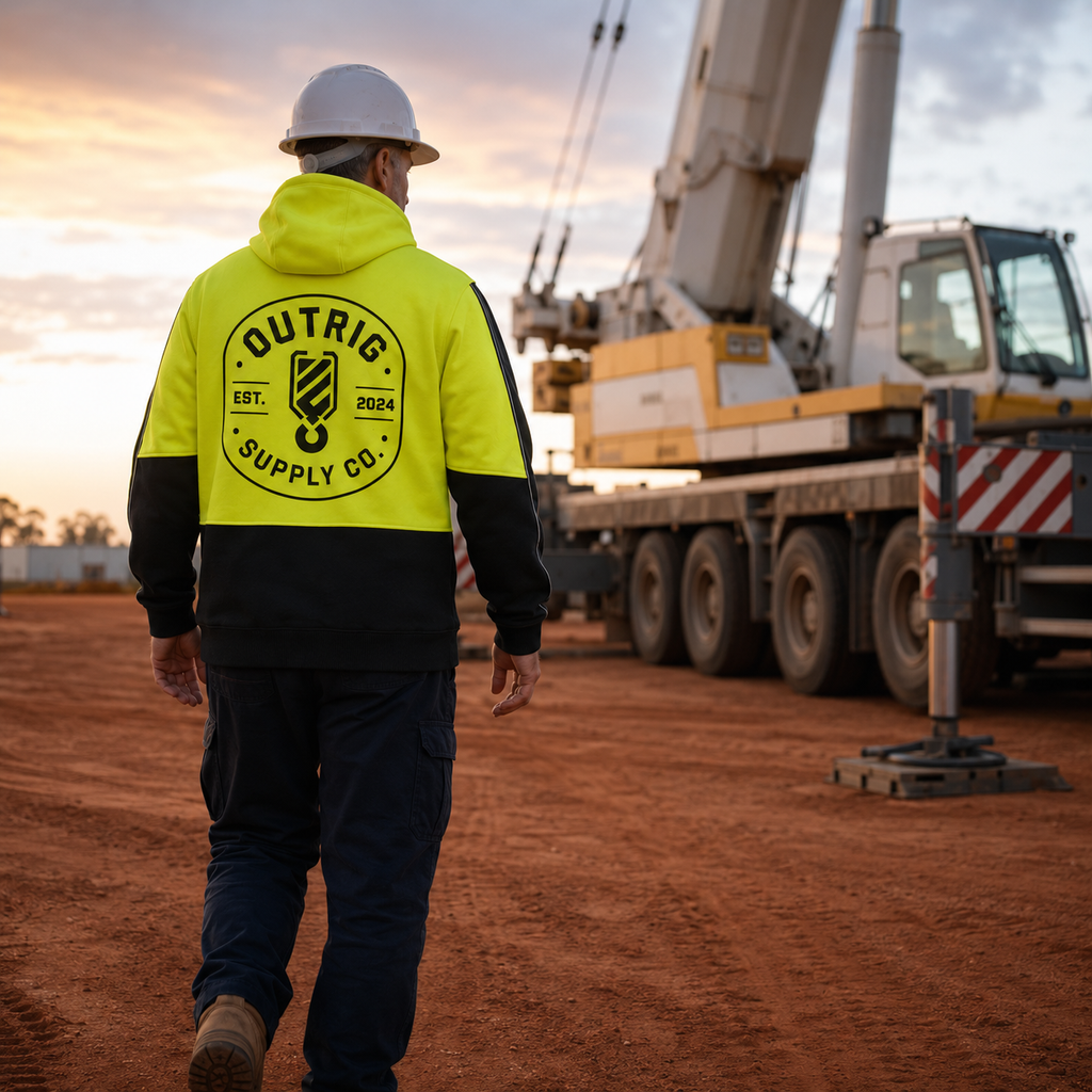 Rear view of the Outrig Supply Co yellow and black hi vis hoodie showing the large back logo in a crane yard