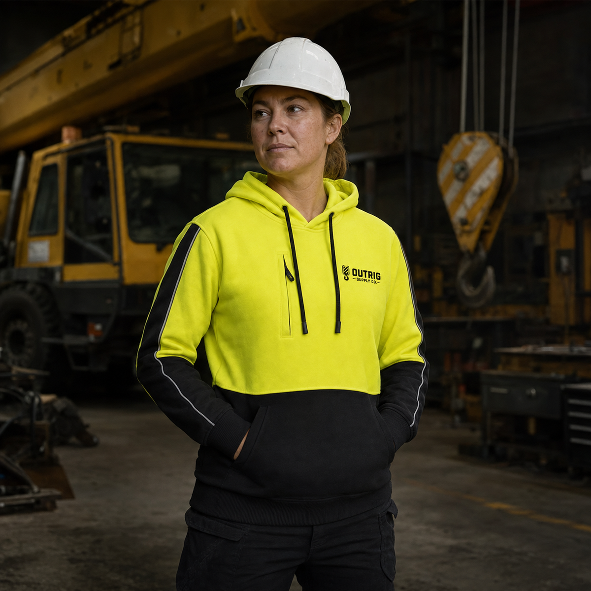 Female crane operator wearing the Outrig Supply Co yellow and black hi vis hoodie in an industrial workshop