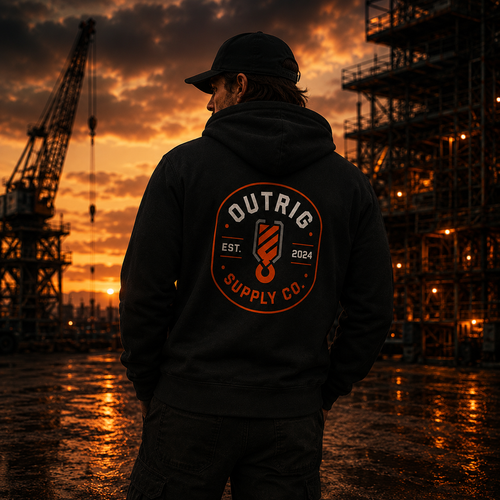 Back product view of the black Outrig Supply Co Crew Hoodie.