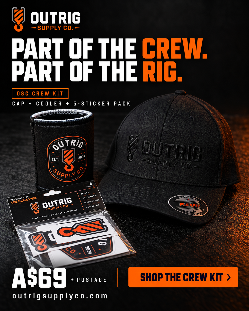 Outrig Supply Co OSC Crew Kit — Cap + Cooler + Stickers