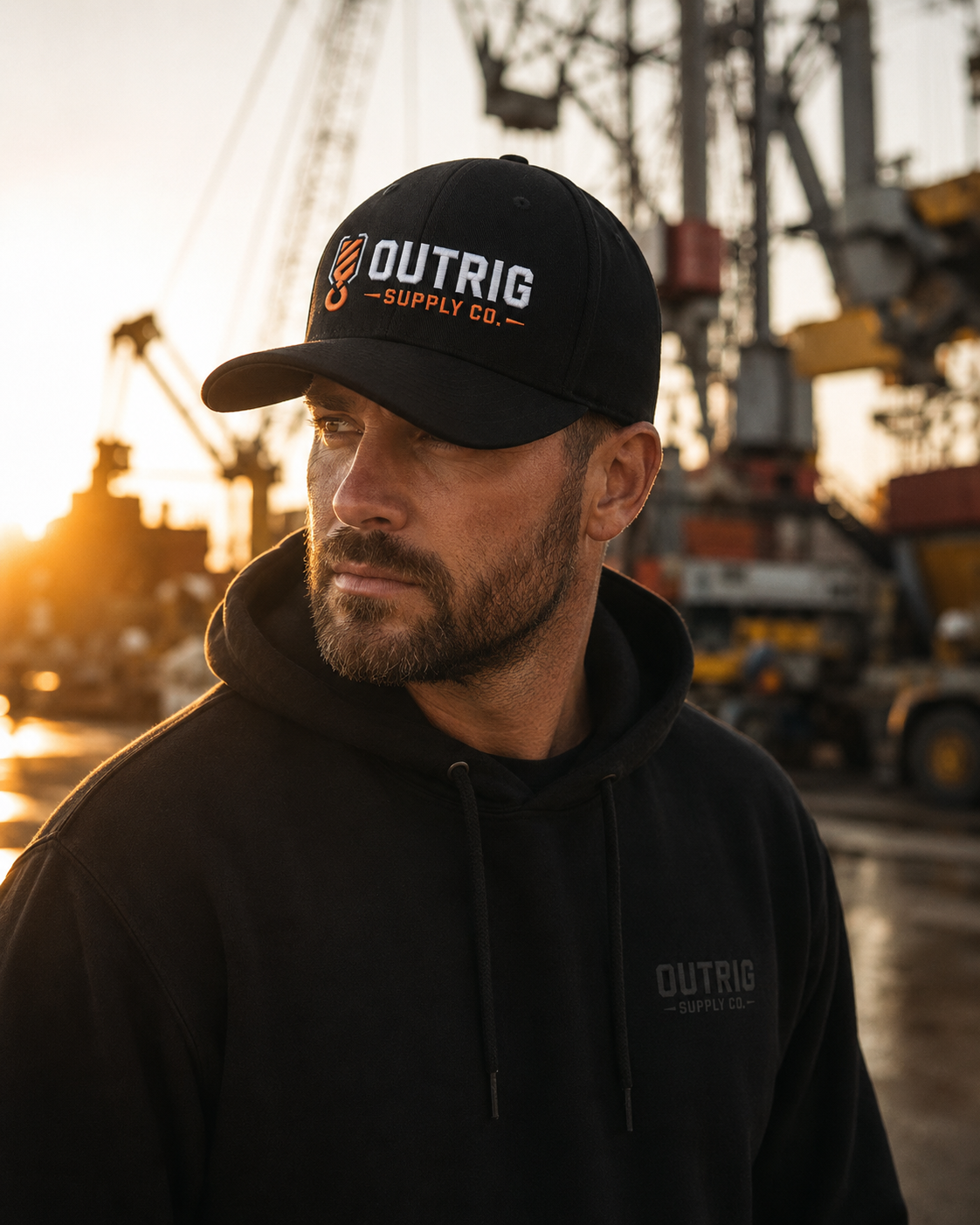 Outrig Core Flexfit Cap in black with orange-and-white Outrig Supply Co branding.