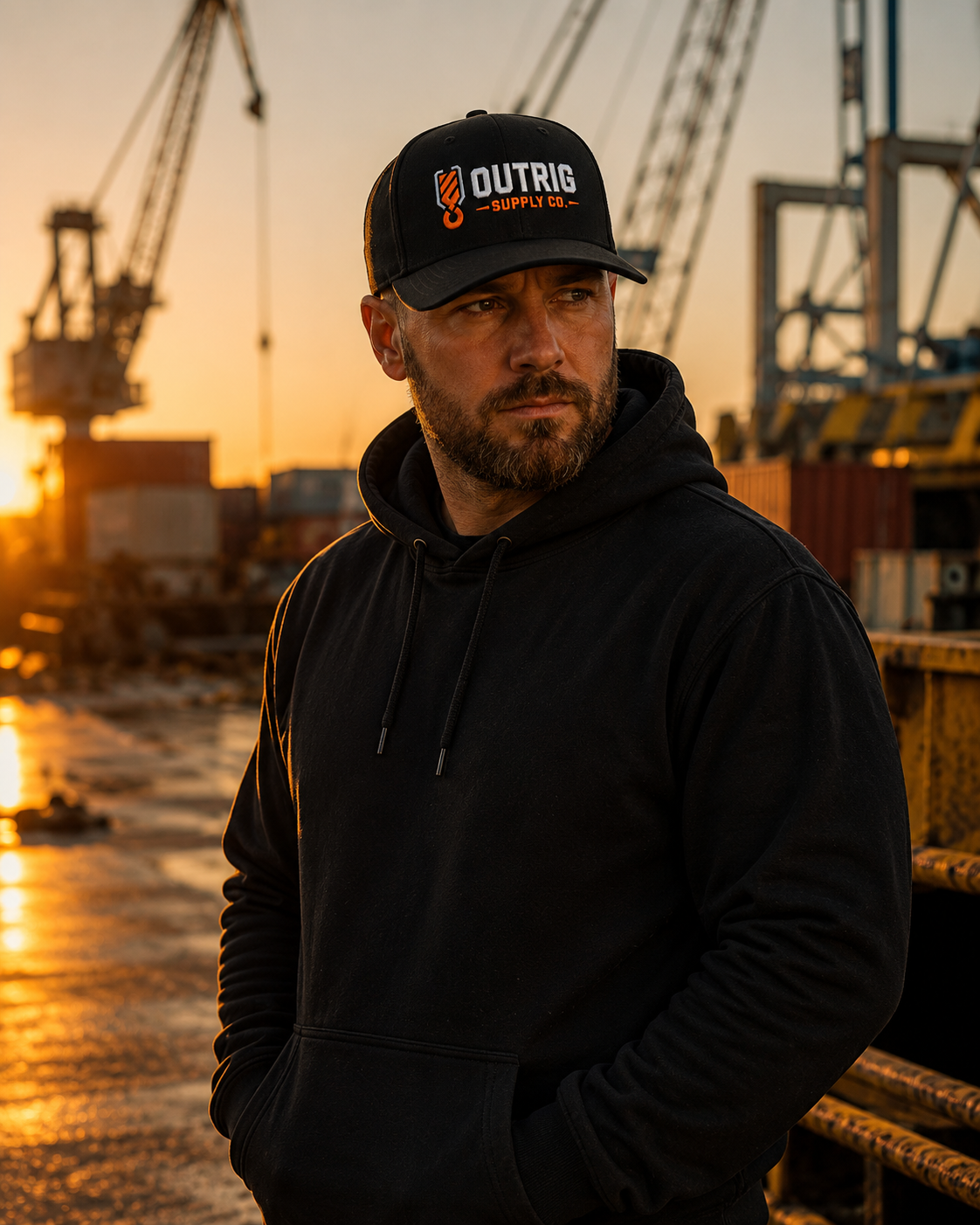 Product view of the black Outrig Core Flexfit Cap.