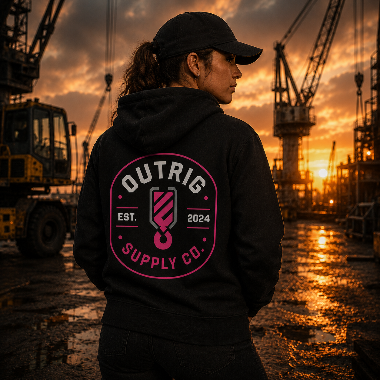 Person wearing a hoodie with 'Outrig Supply Co.' logo at a construction site during sunset.