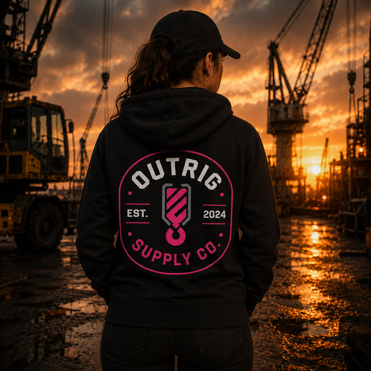 Person wearing a black hoodie with 'Outrig Supply Co' logo at sunset on a construction site